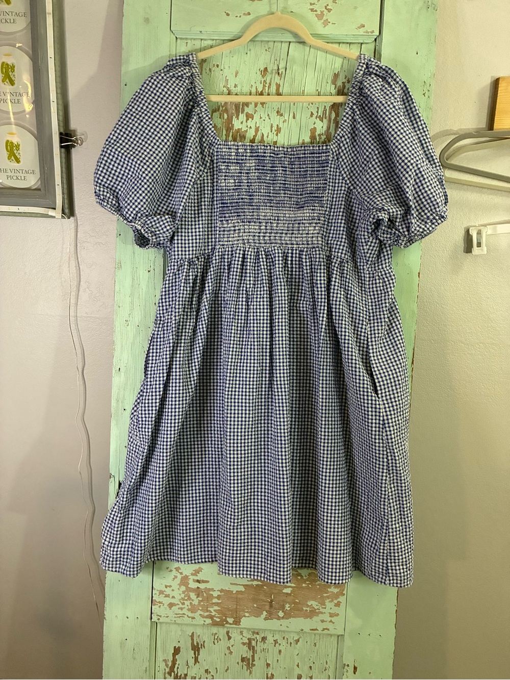 Old Navy Blue Gingham Midi Dress with Puff Sleeves - Picture 4 of 7